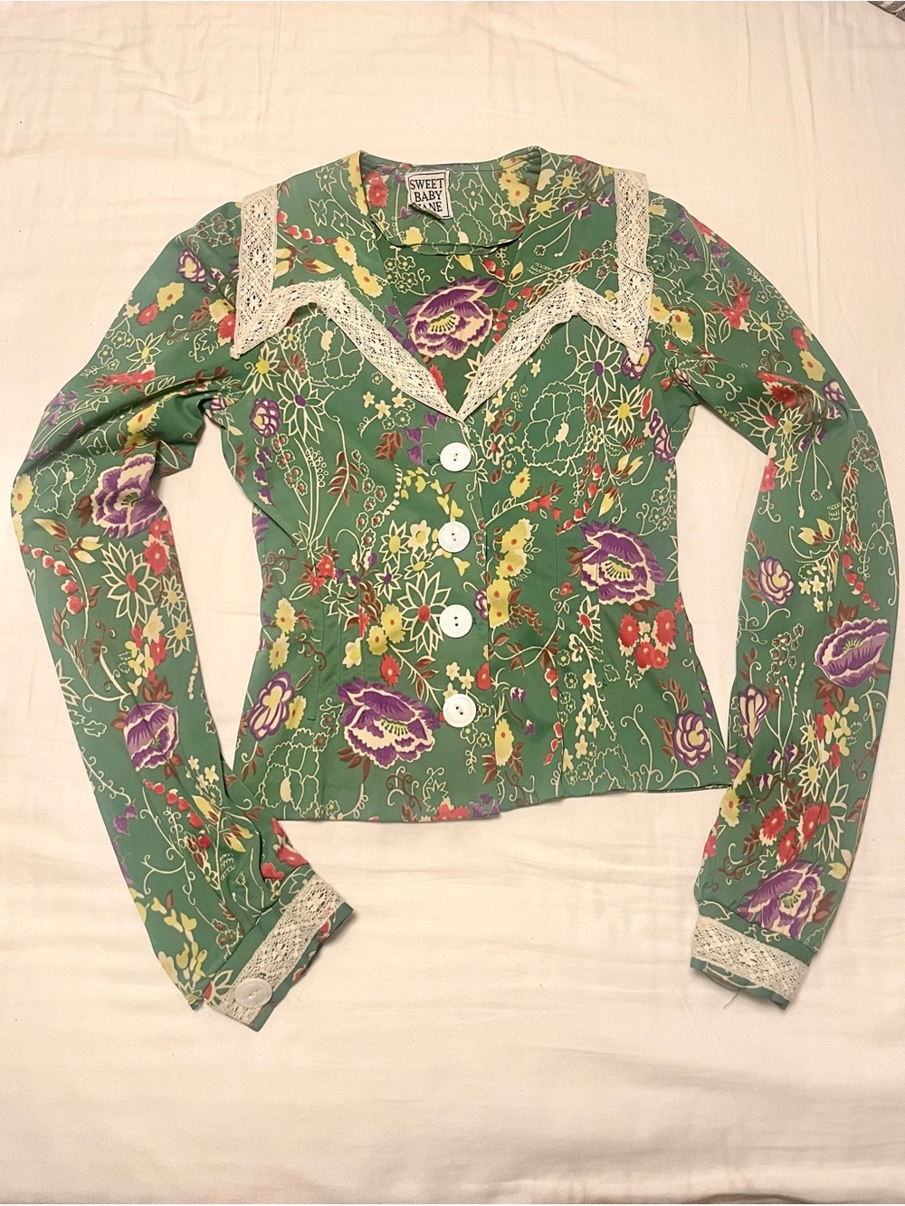Vintage Green Floral Lace-Trim Button down blouse long sleeve Small cropped fit